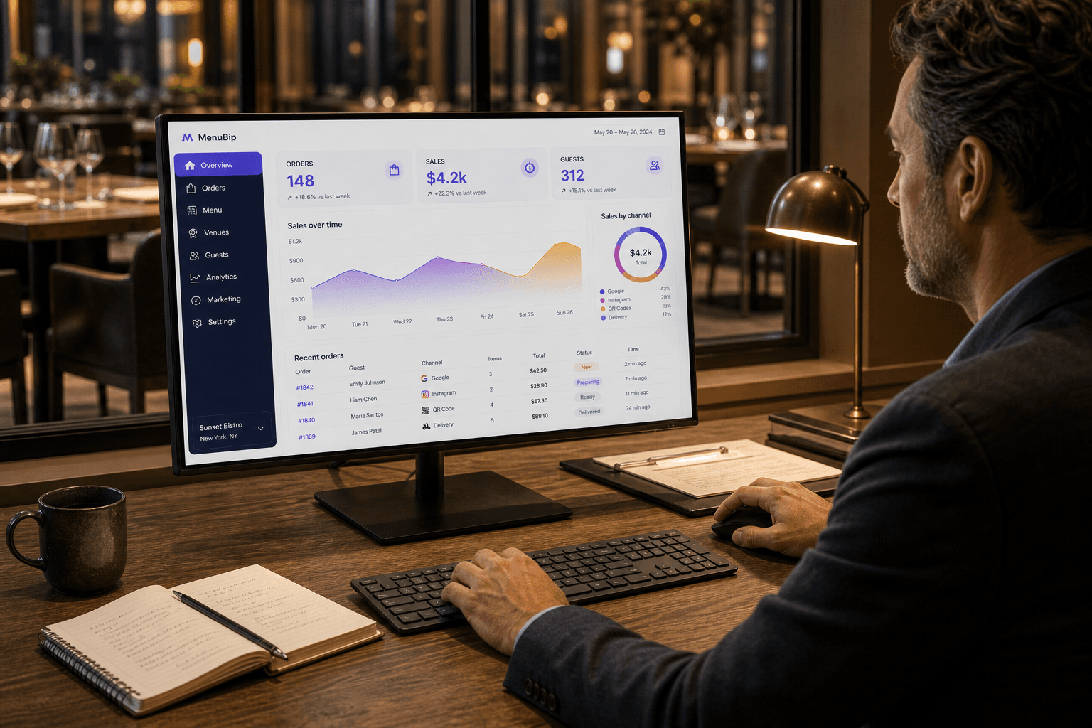 Realistic MenuBip restaurant analytics dashboard with orders, sales, guests, and recent tickets