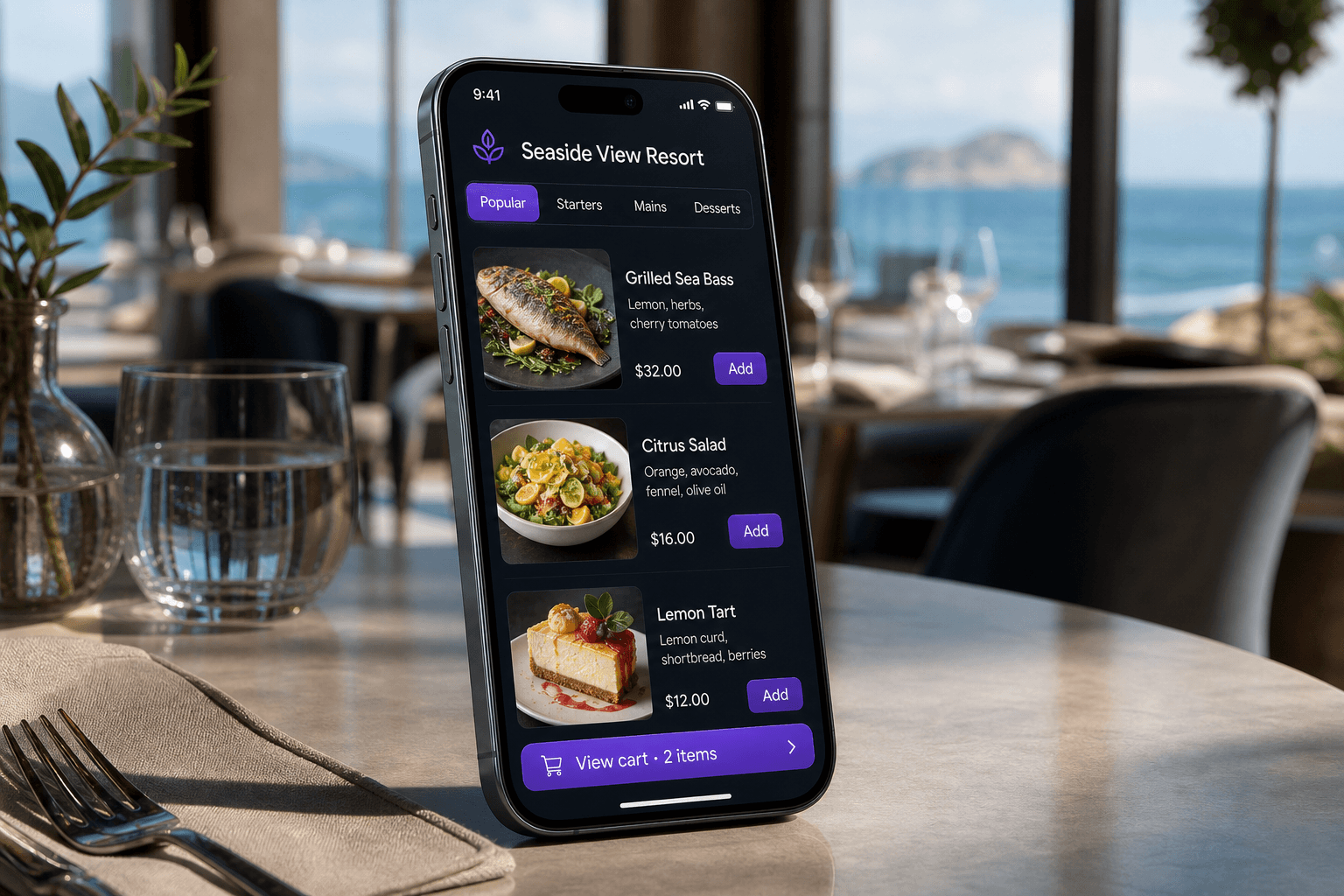 Realistic smartphone showing a MenuBip restaurant menu with food photography and ordering controls