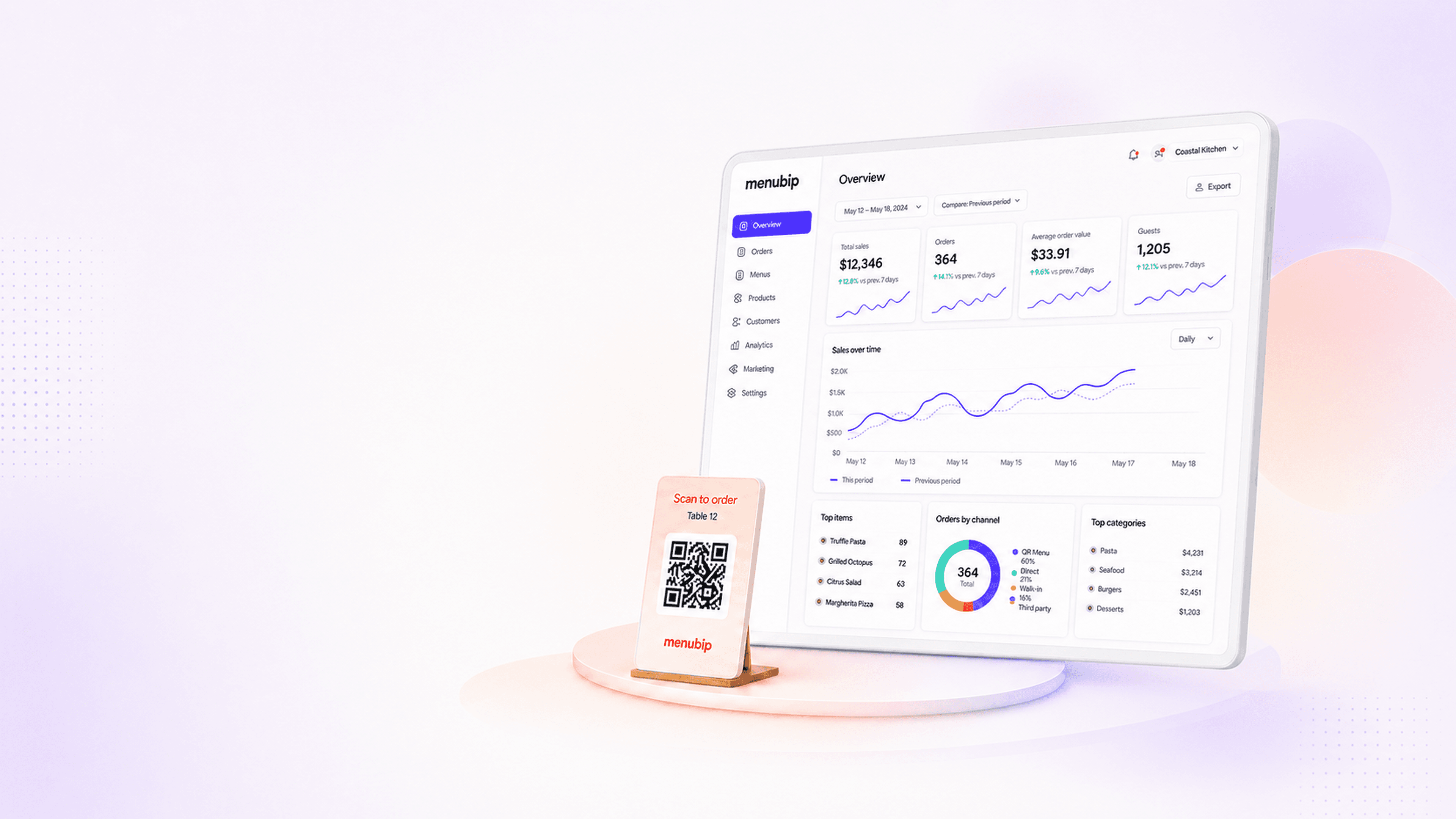 MenuBip light analytics dashboard with table QR ordering