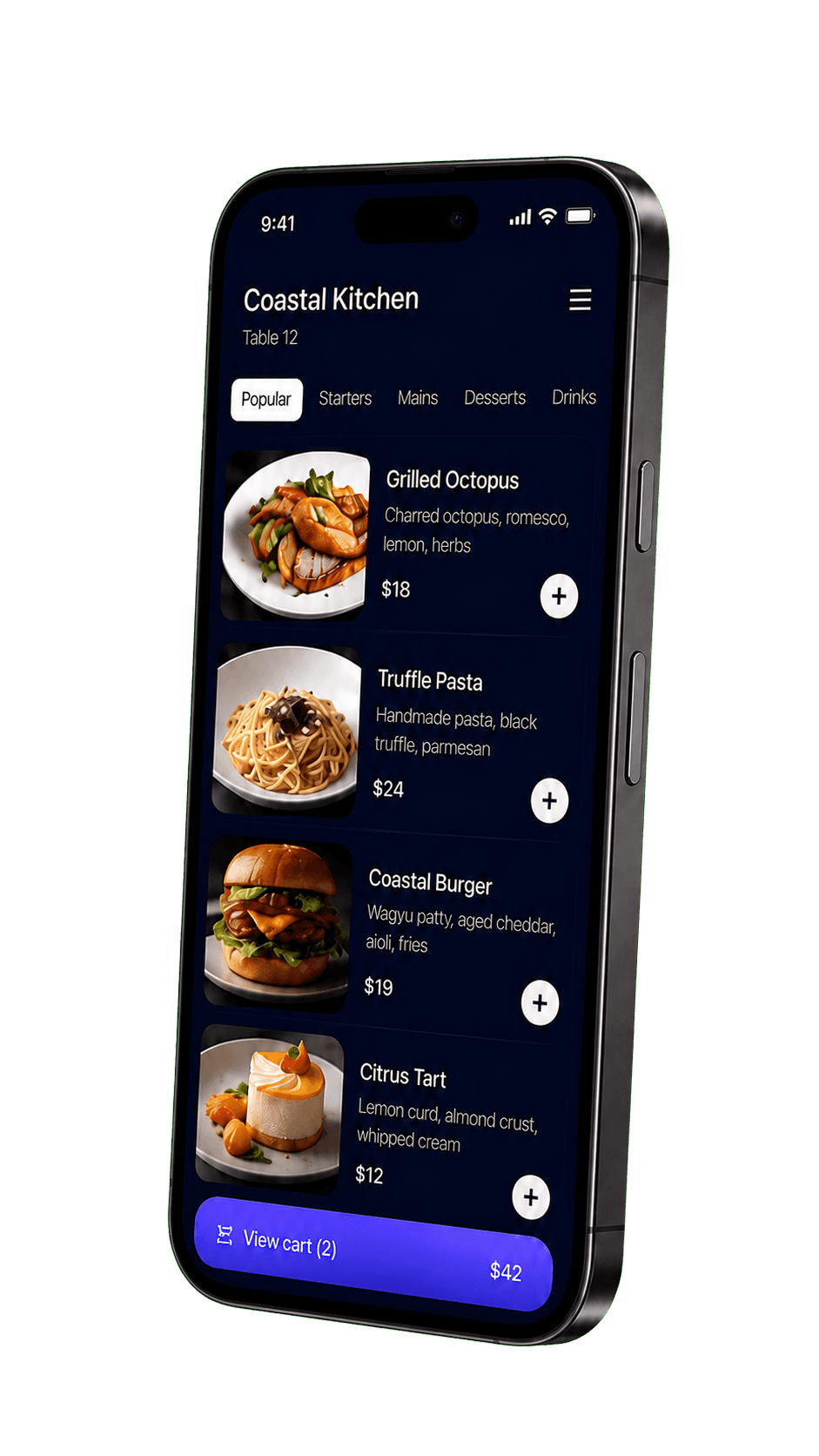 Restaurant mobile ordering menu