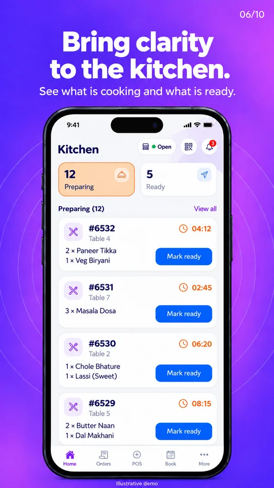 MenuBip partner app preview showing kitchen tickets