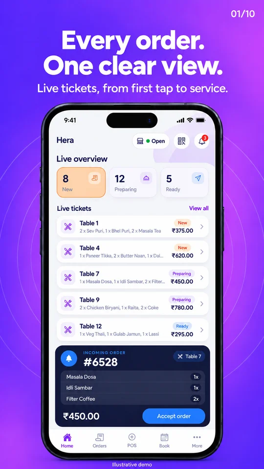 MenuBip partner app preview showing live orders